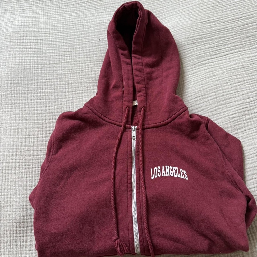Brandy Melville Burgundy Zip Hoodie with White 'Los Angeles' Chest Print